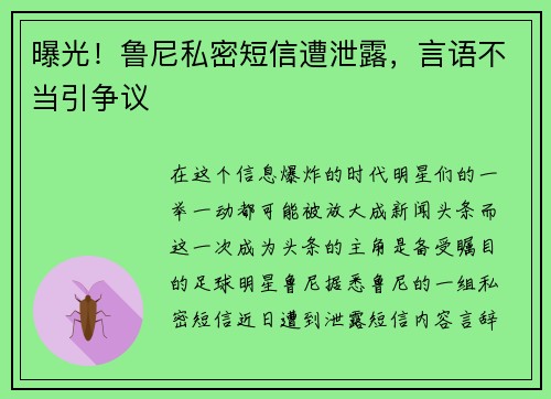 曝光！鲁尼私密短信遭泄露，言语不当引争议